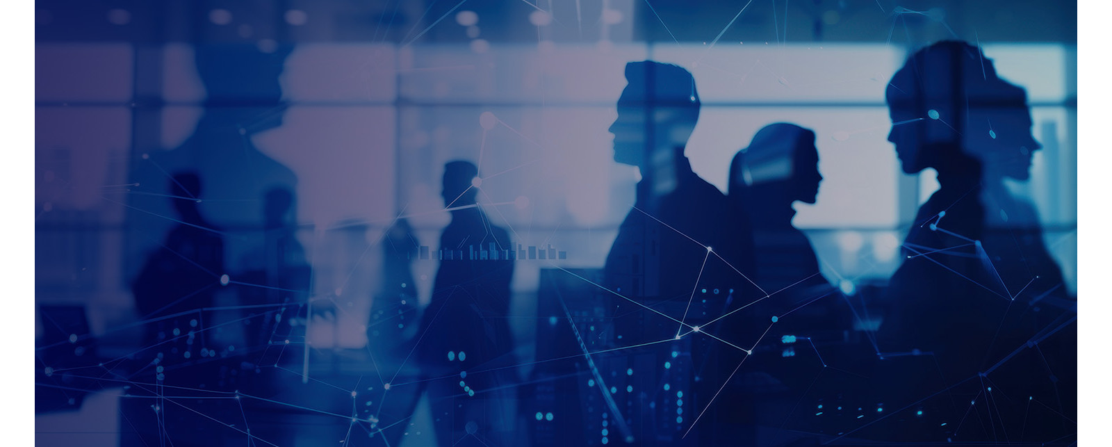 Silhouettes of business people in a modern office, overlaid with abstract digital connections, conveying technology, networking, and collaboration themes
