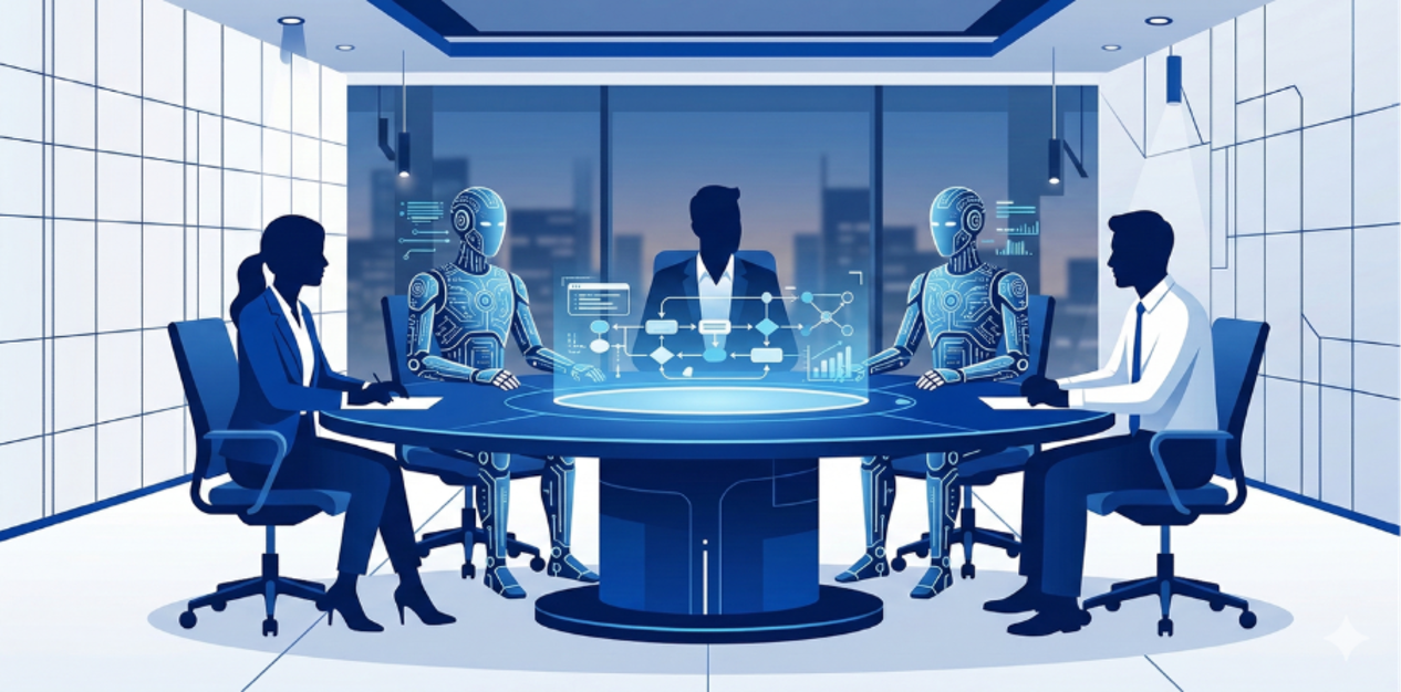 A stylised illustration of a hybrid human-AI team meeting around a circular conference table in a modern office with a city skyline visible through large windows. Five figures are seated at the table: three human silhouettes in business attire and two humanoid AI robots with circuit-patterned bodies. At the centre of the table, a glowing holographic display projects flowcharts, diagrams, and data visualisations, suggesting collaborative work.