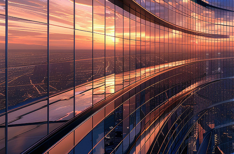 A sunset reflecting off the glass windows of a modern skyscraper