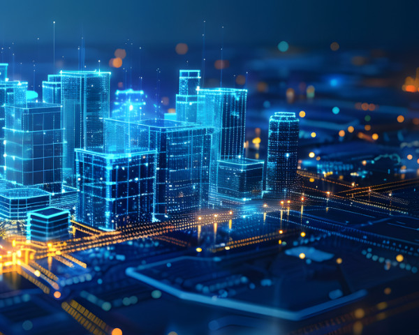 Abstract illuminated blue color builings in city