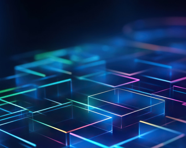 Illuminated cubic boxes on dark blue background
