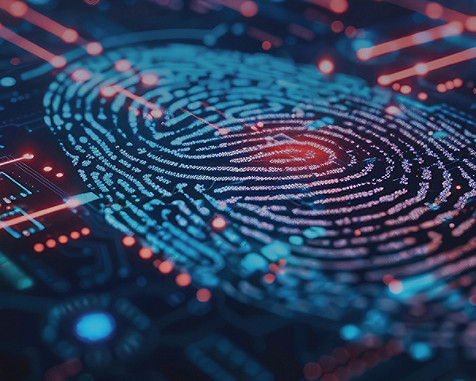 Digital fingerprint scan with glowing nodes and circuit lines