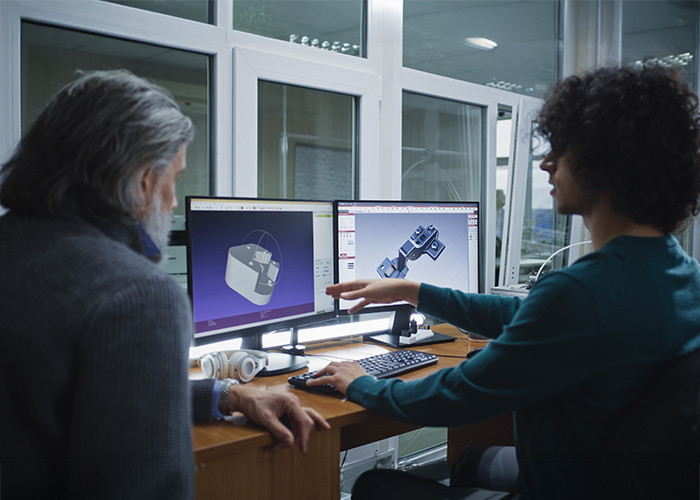 A  young person explaining a 3D image on a computer screen to another person
