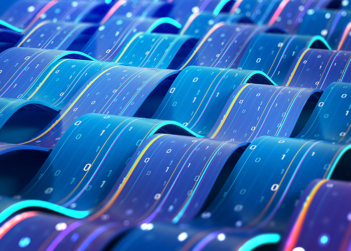 Abstract image of curved ribbons with 0 and 1 digital numbers on them