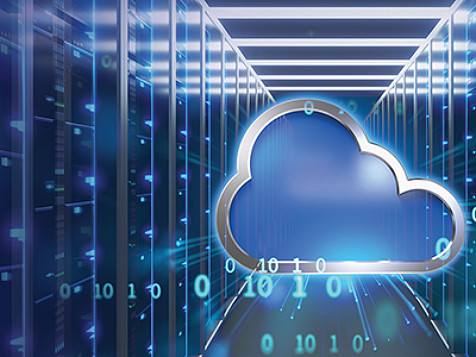 A digital blue cloud in a server room