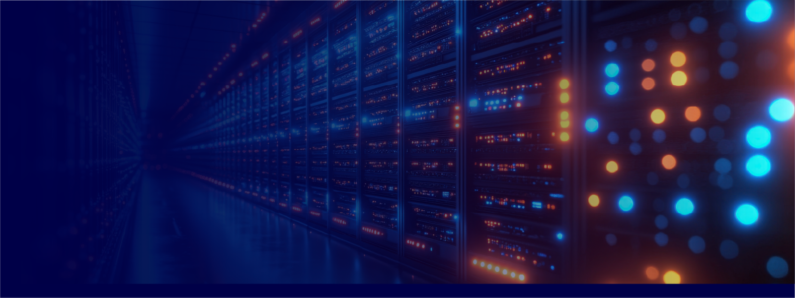 Rows of servers in a server room, illuminated by blinking yellow and blue lights.