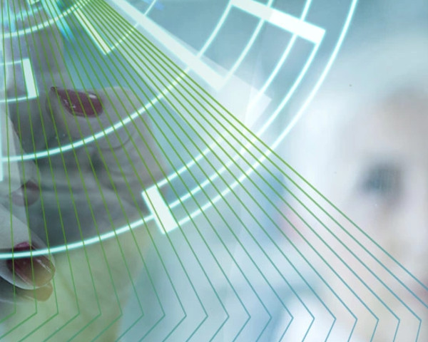 A lady touching a center point of spiral view image on digital screen