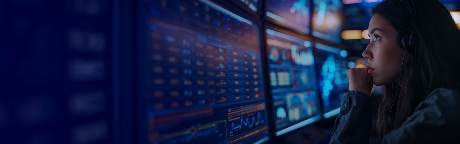 A woman gazes at a computer screen, set against a vibrant blue background.