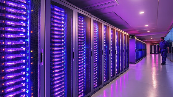 Rows of server stacks in a storage room