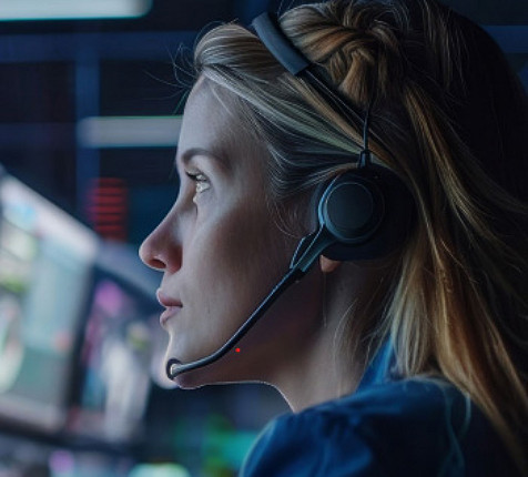 Female on a headphone set appear to be looking at screens.