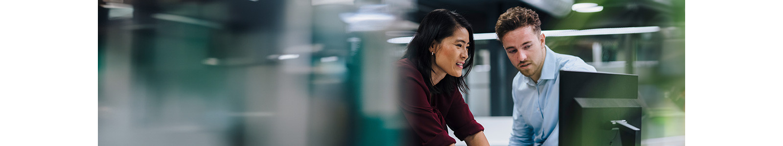 Two colleagues looking at a computer screen