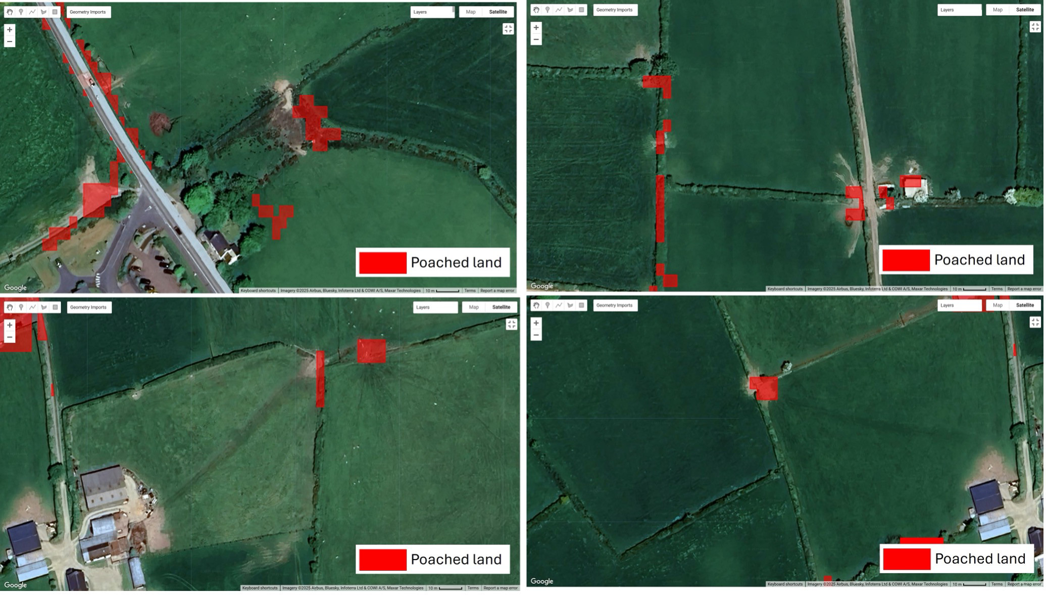 Poached land clusters identified using the model after filtering.