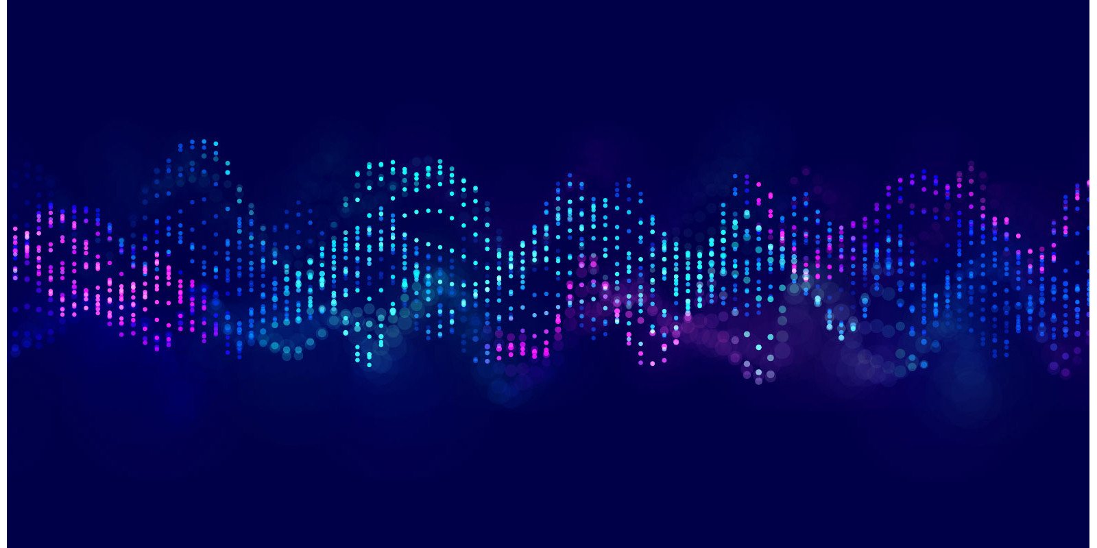 Abstract digital waveform with glowing blue, cyan, and purple dots flowing across a dark background