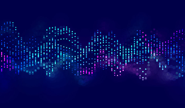 Abstract AI data visualization with blue and purple digital wave patterns.