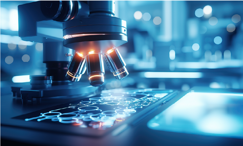 A microscope illuminated against a bluish background.