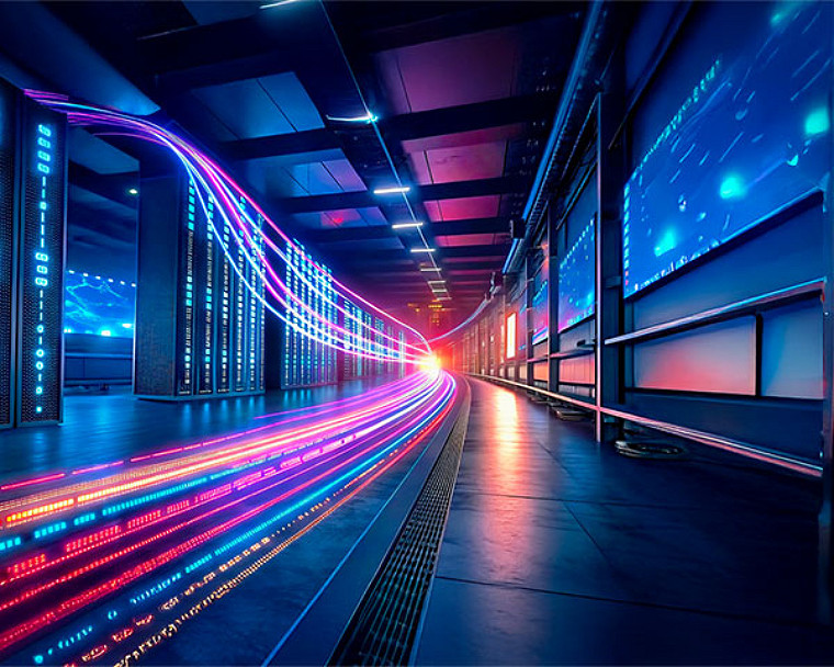 A different color light rays flow in the server room