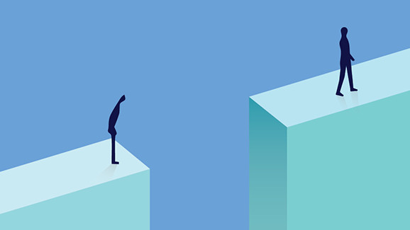 Two silhouetted figures stand on separate teal platforms against a blue backdrop, facing each other across a gap, conveying distance and disconnection.