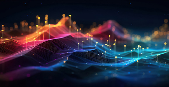 A vibrant digital landscape with multicolored, flowing waves and glowing dots on a dark background. The scene evokes a futuristic, dynamic energy.