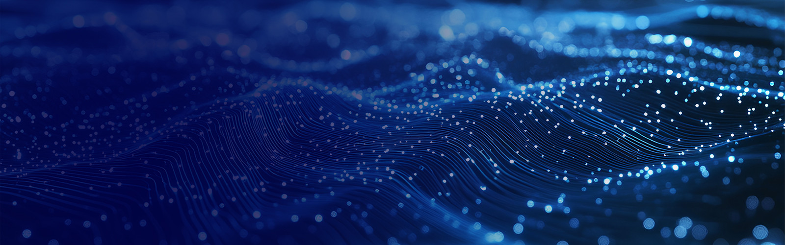 Abstract image of a dark blue wave pattern with glowing white dots scattered throughout, resembling a digital landscape or starry night sky.