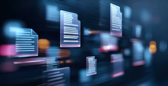 Abstract digital illustration featuring floating holographic documents in a blurred, dark space accented with vibrant blue and orange highlights.