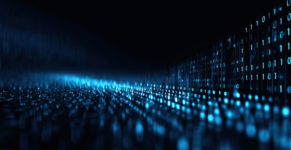 A futuristic digital landscape with rows of glowing blue binary code in perspective, creating a sense of depth and advanced technology.