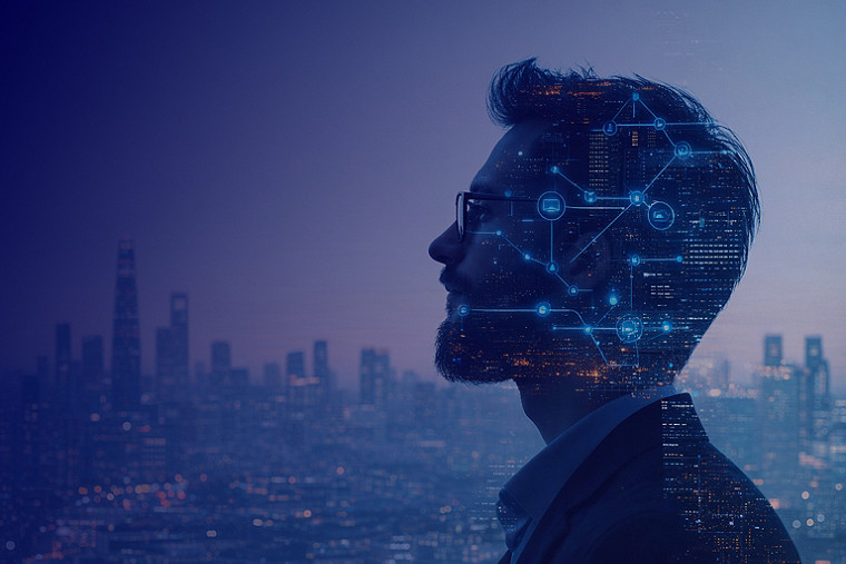 Merge of person head and city view