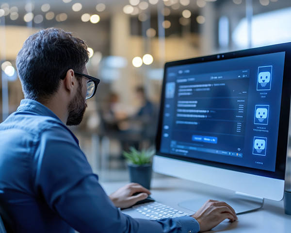 A professional monitors a chatbot conversation on a computer screen, uses agentic AI for efficient and accurate customer service
