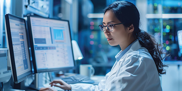 Eine Frau in einer weißen Laborjacke, die vor zwei Computern sitzt und arbeitet
