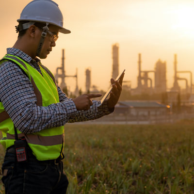 Employé du secteur de la fabrication consultant un appareil mobile.