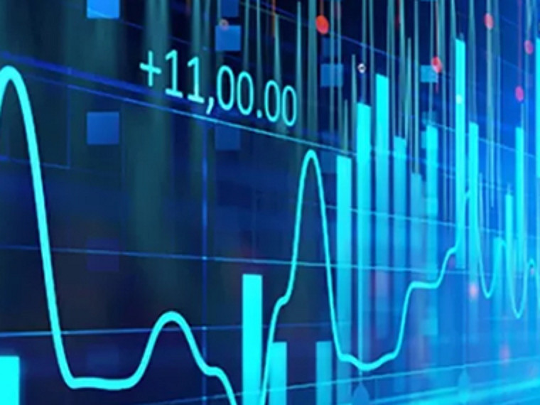 Financial graph with blue bars and fluctuating line indicating market trends