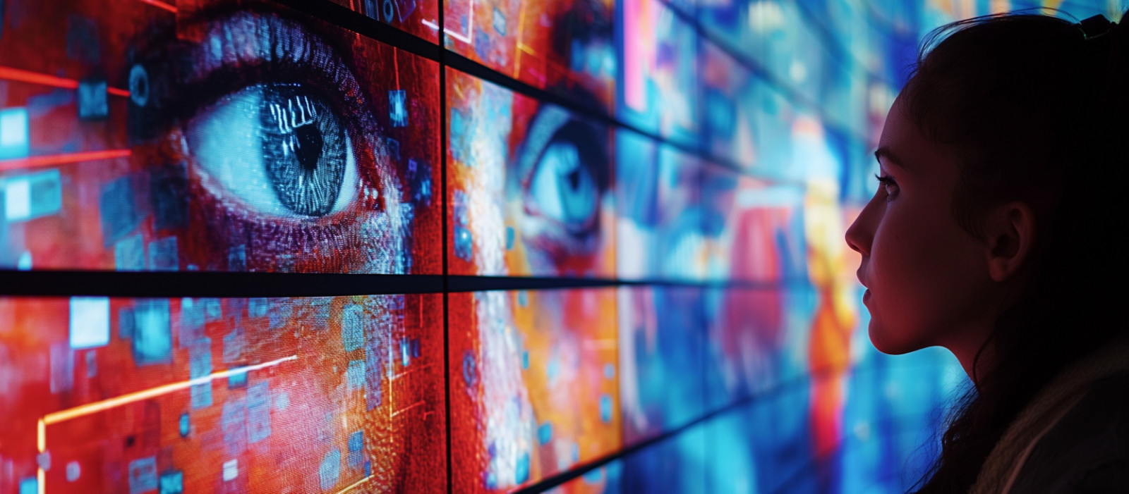 A girl looking at a display on a big screen