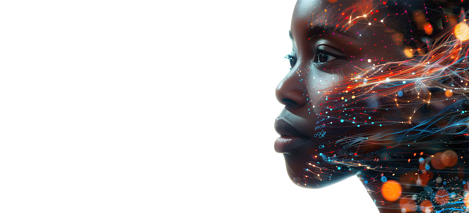 women with  ai lines across her face in multiple colours