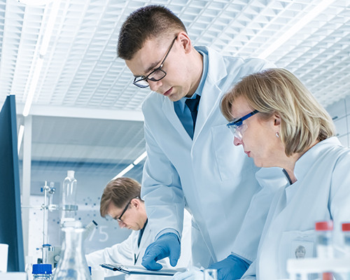 Two lab technicians, a man standing and the woman sitting, both looking at something