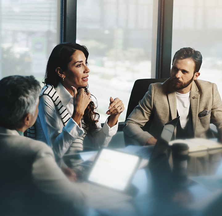 A diverse group of people engaged in discussion around a conference table.