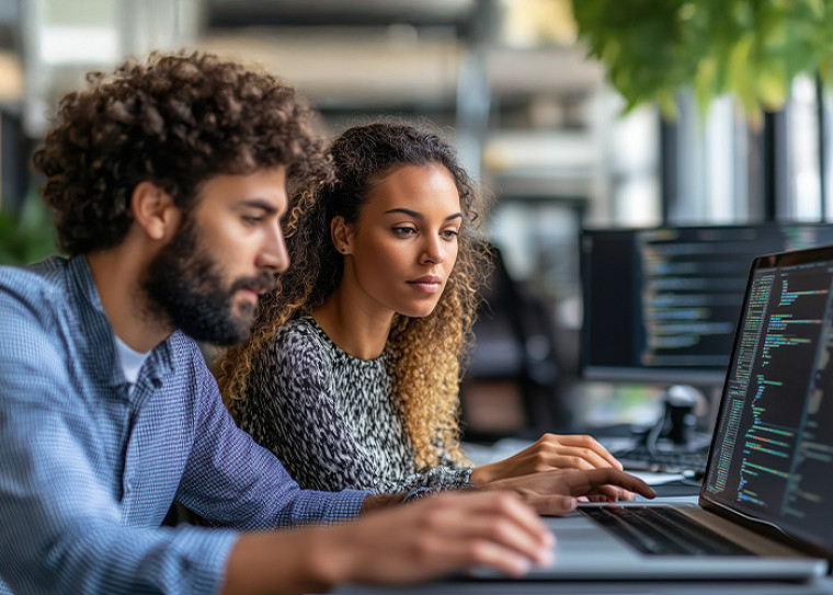 Two colleagues looking into a laptop screen