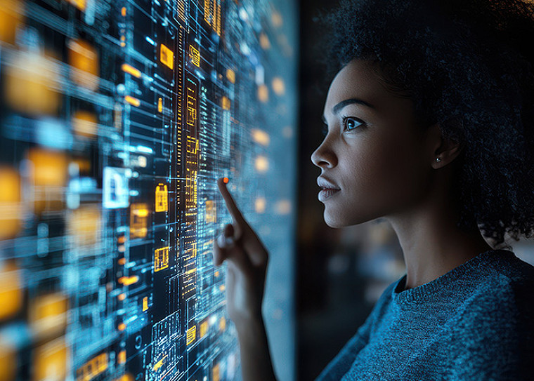 A woman interacting with a digital screen