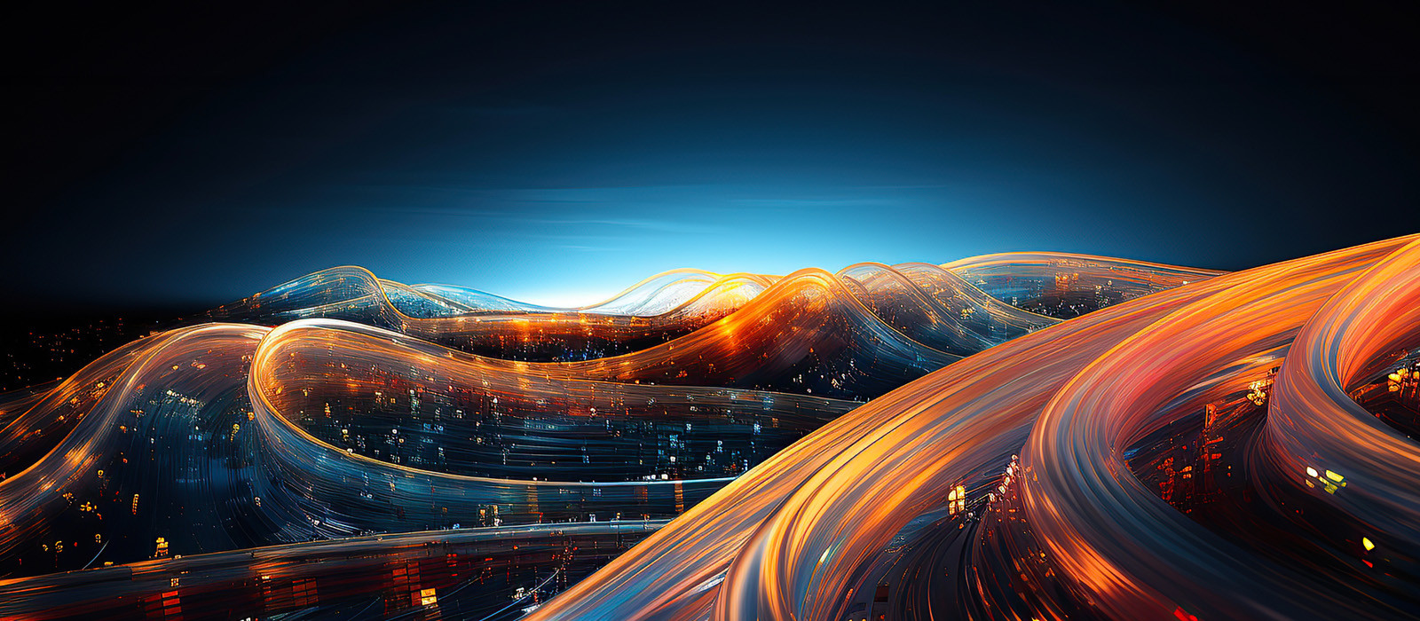 Abstract swirls of digital light in hues of blue and orange