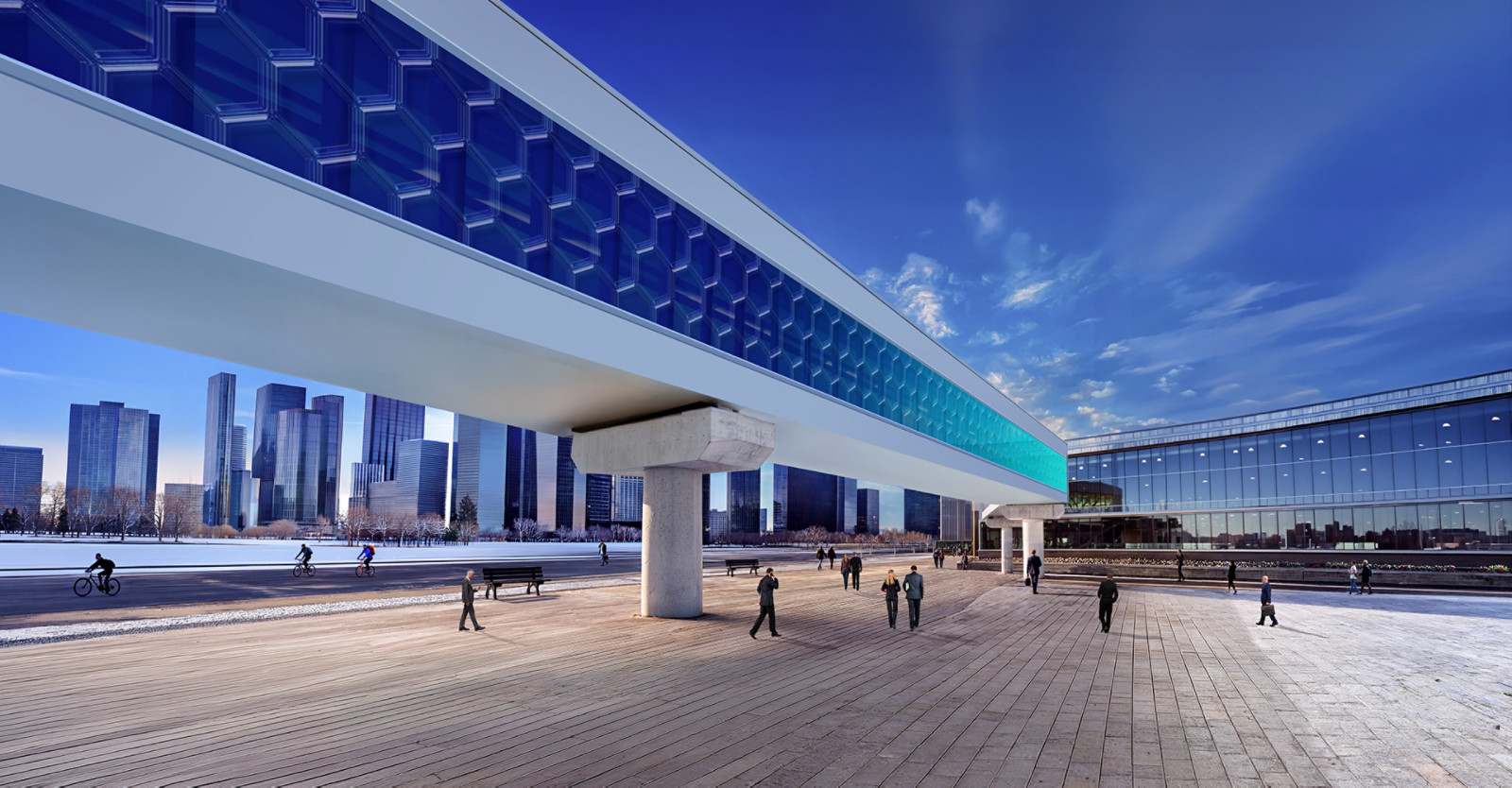 View of a skyway with city buildings in the background