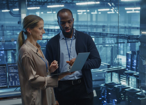 Two colleagues engage in a conversation while looking at laptop screen.