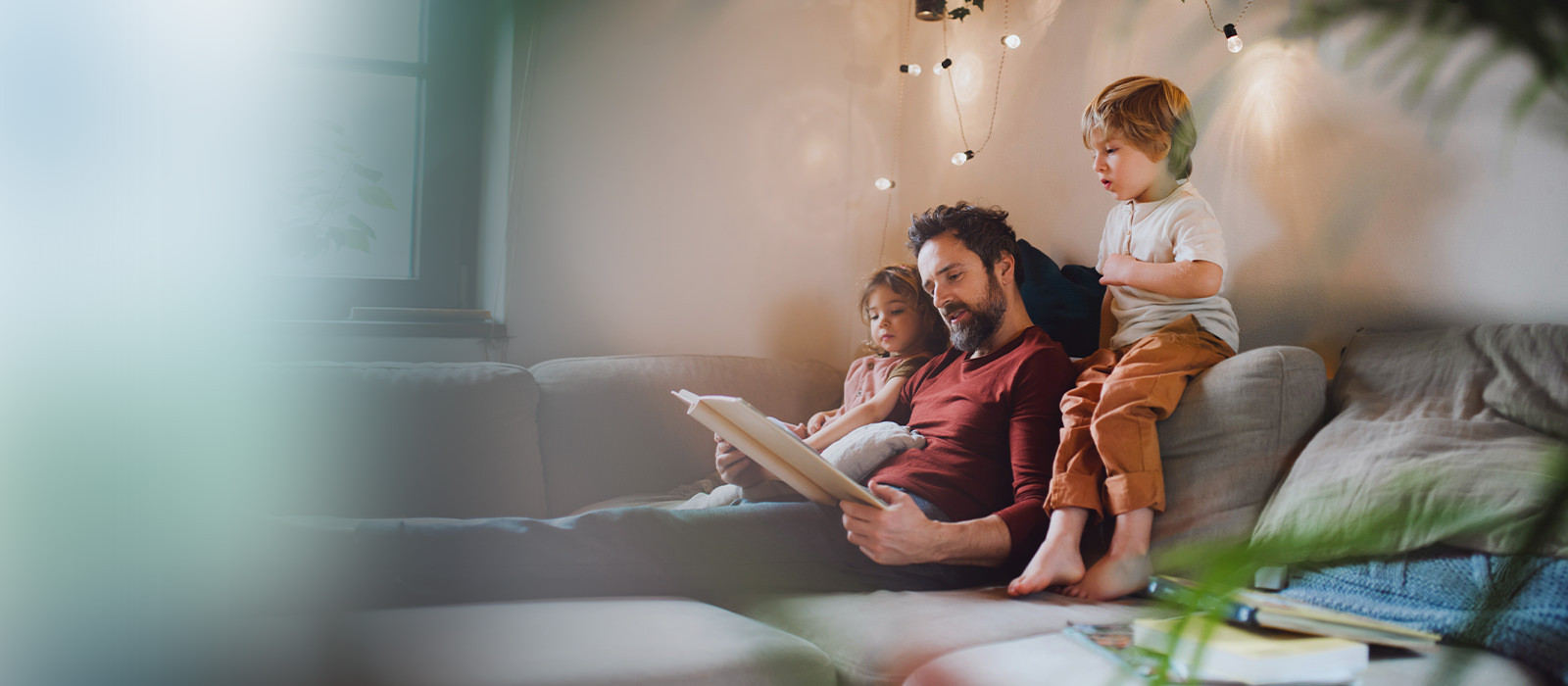 A family sitting in the living room