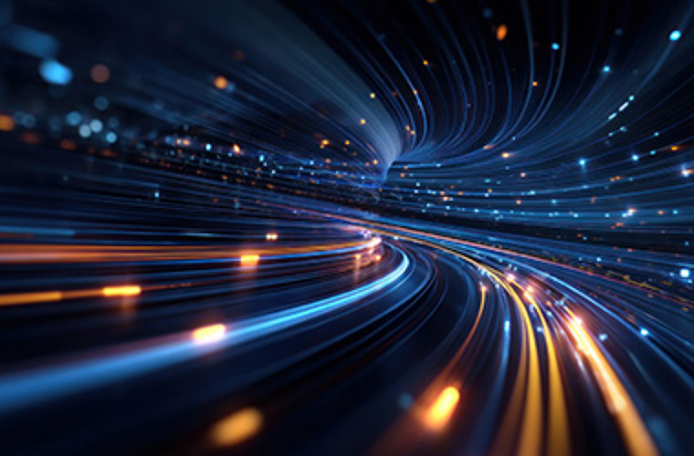 Abstract light trails in vibrant colors swirl against a dark background, creating a dynamic and energetic visual effect.