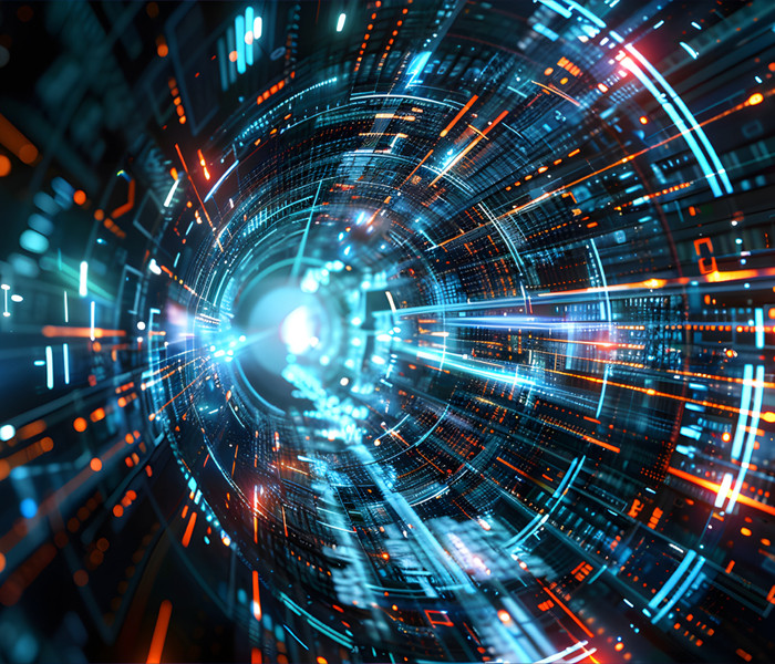 A circular tunnel with with digital patterns on the side and bright light at the end of it