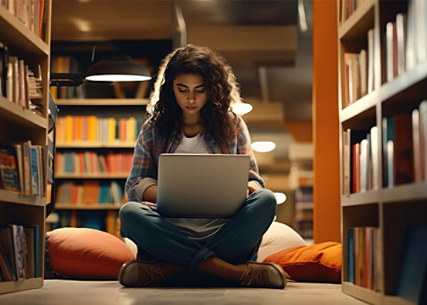 Eine Studentin sitzt mit einem Laptop auf dem Boden