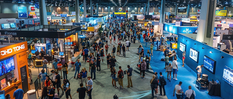 Bustling high-tech convention center with innovative exhibits