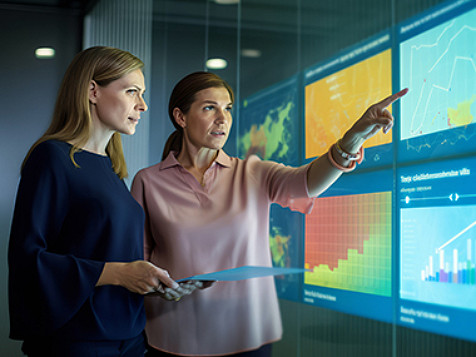 two woman pointing charts and in discusion