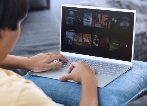 A young man looking at movie catalog on his laptop.