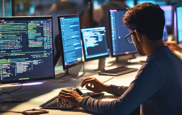 Person coding at multiple monitors in dim office