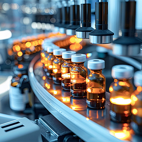 Small brown glass bottles, half filled with liquid, on a conveyor belt