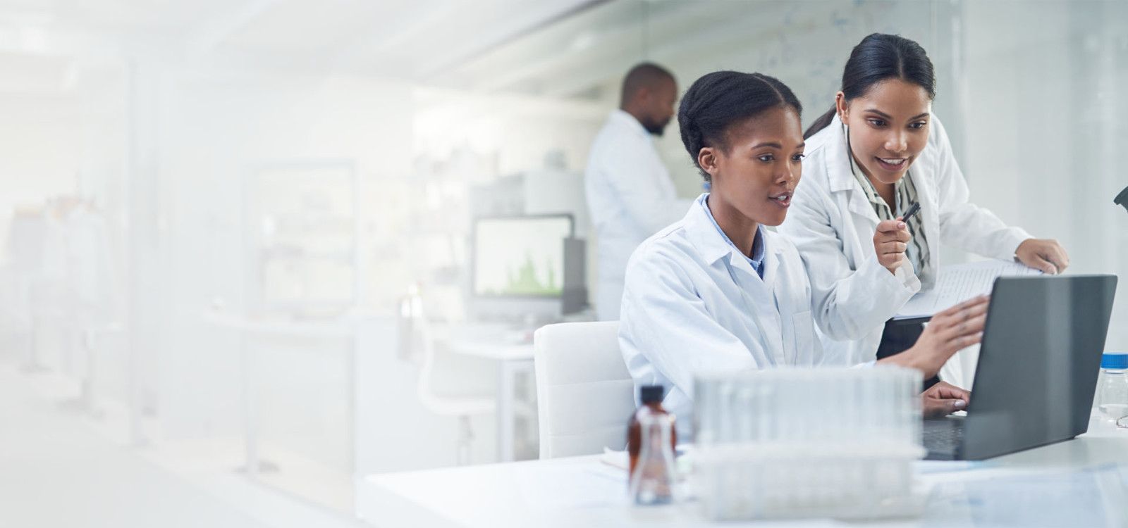 Two woman working in front of laptop