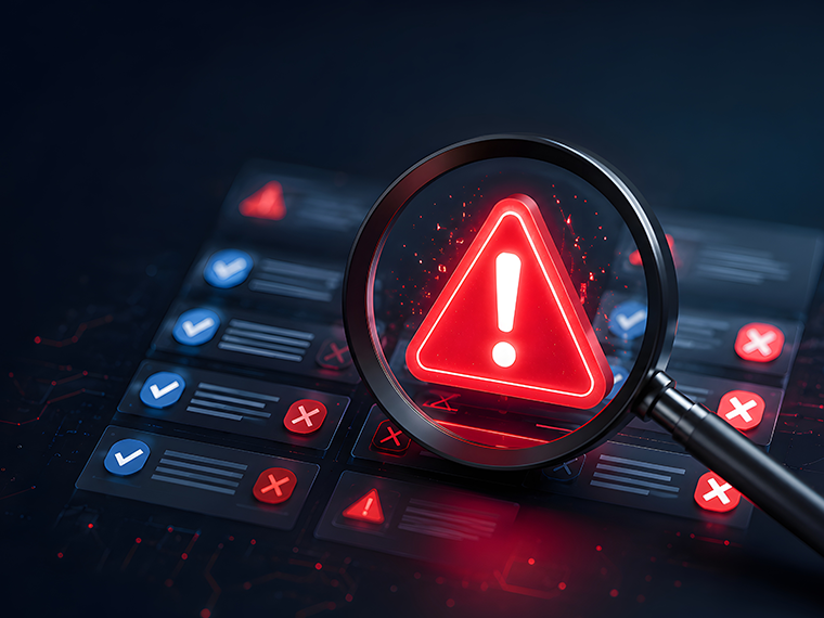 Magnifying glass highlighting a warning icon over a digital compliance checklist.